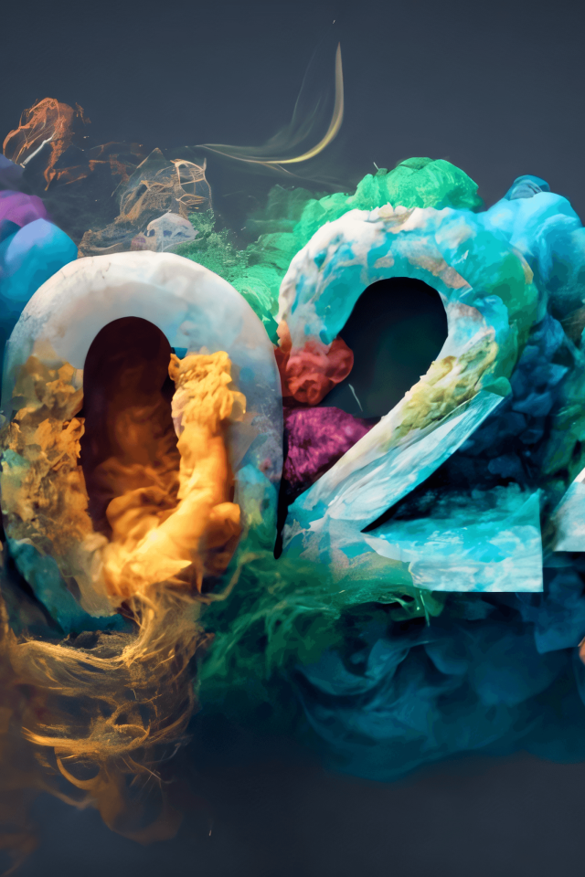 Цифры 2024 с взрывающейся краской на сером фоне