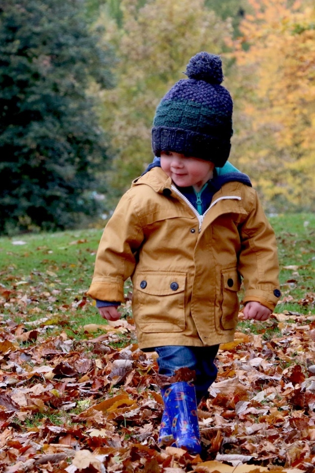 Маленький мальчик идет по сухой листве в парке