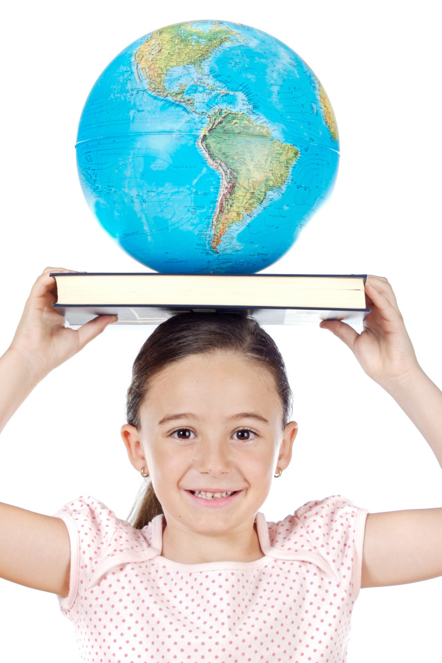 Girl with a book and a globe on her head