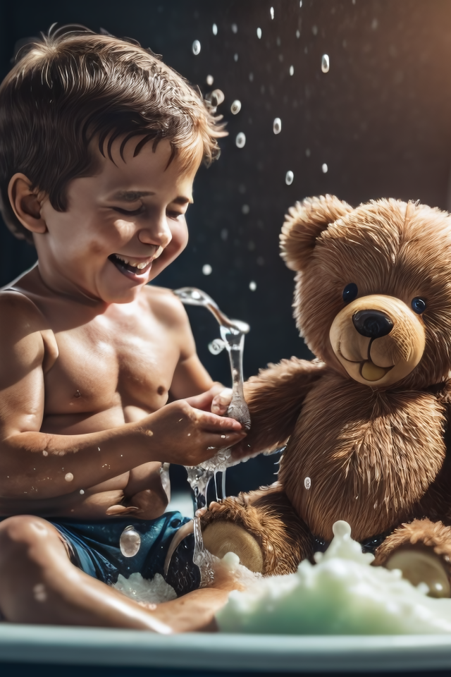 Маленький мальчик купается с игрушкой