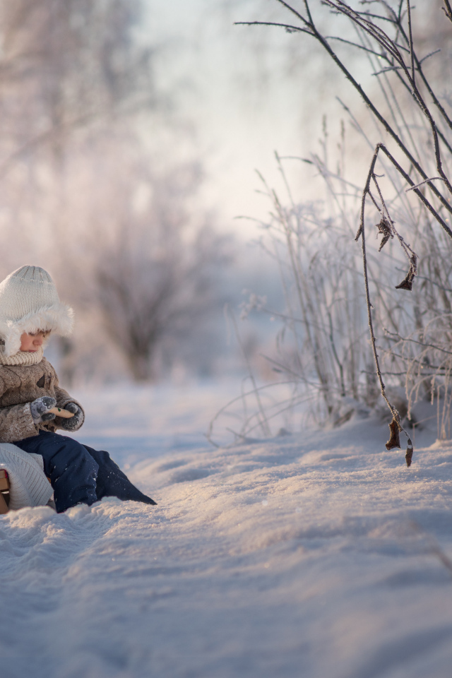 Маленький ребенок на санках в зимнем лесу 