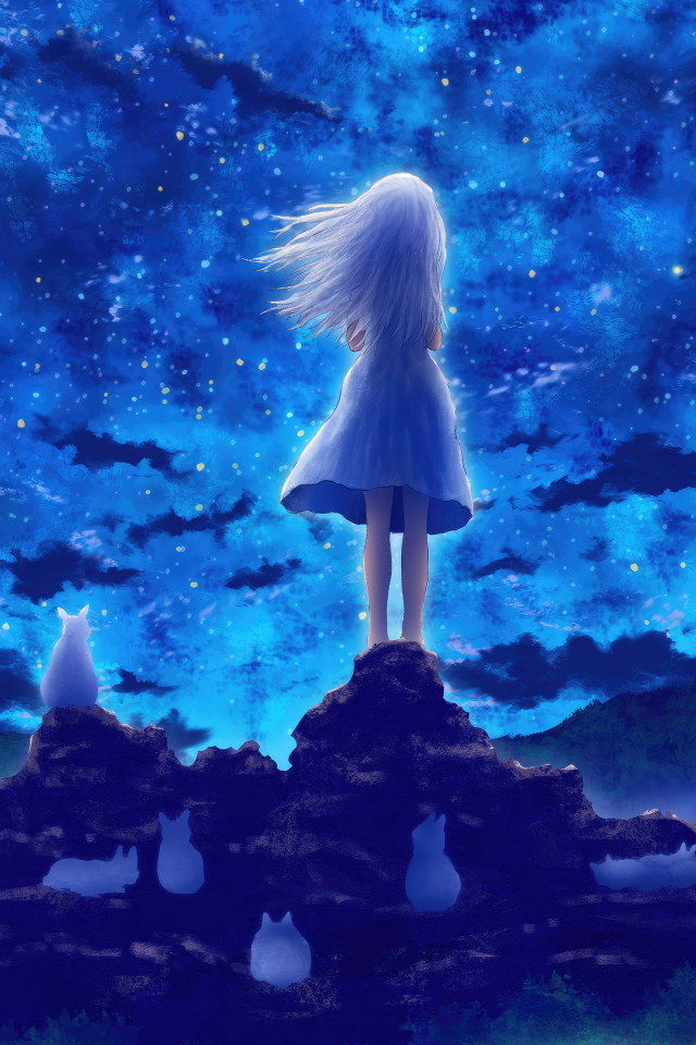 Маленькая девочка смотрит на небо, аниме