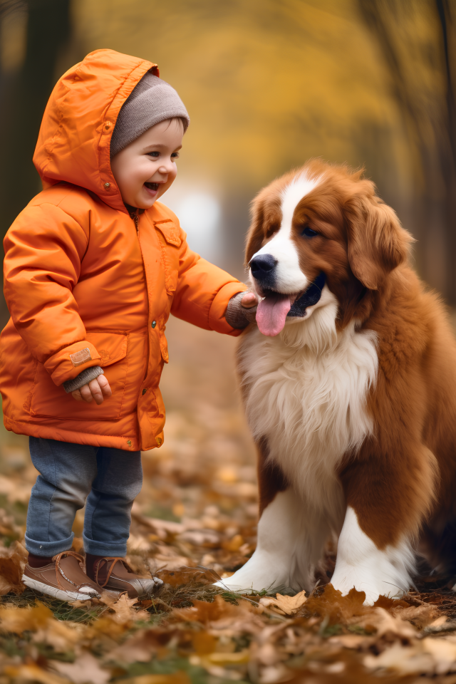 Маленькая девочка со щенком в парке осенью