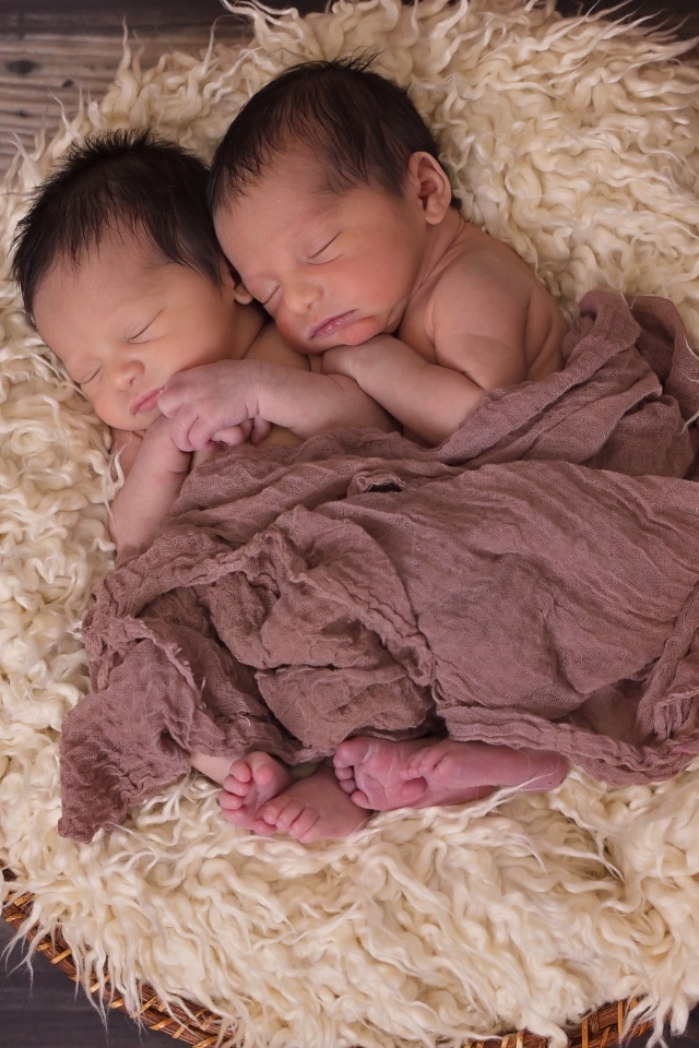 Маленькие новорожденные близнецы на меховой подушке