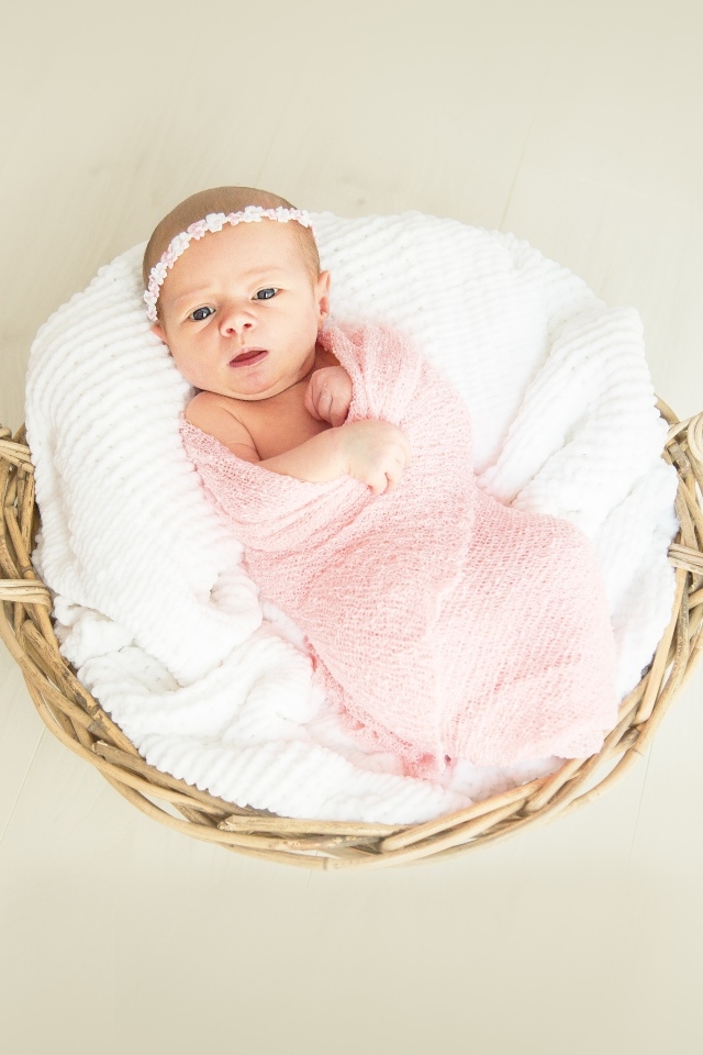 Новорожденный ребенок в корзине в розовом покрывале