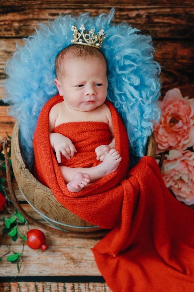 Новорожденный ребенок в красном покрывале с короной на голове 