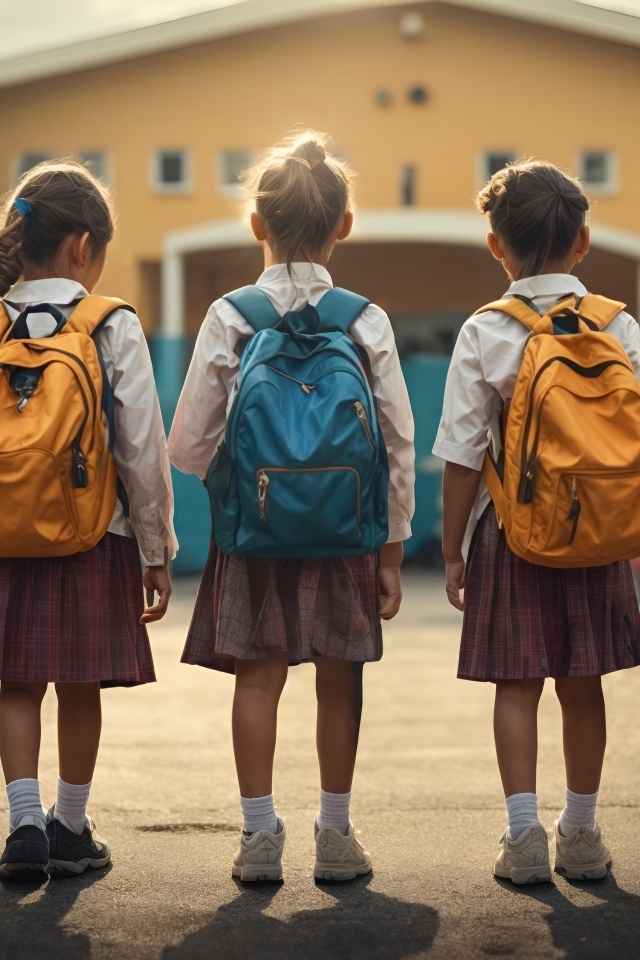 Три маленькие девочки школьницы с рюкзаками