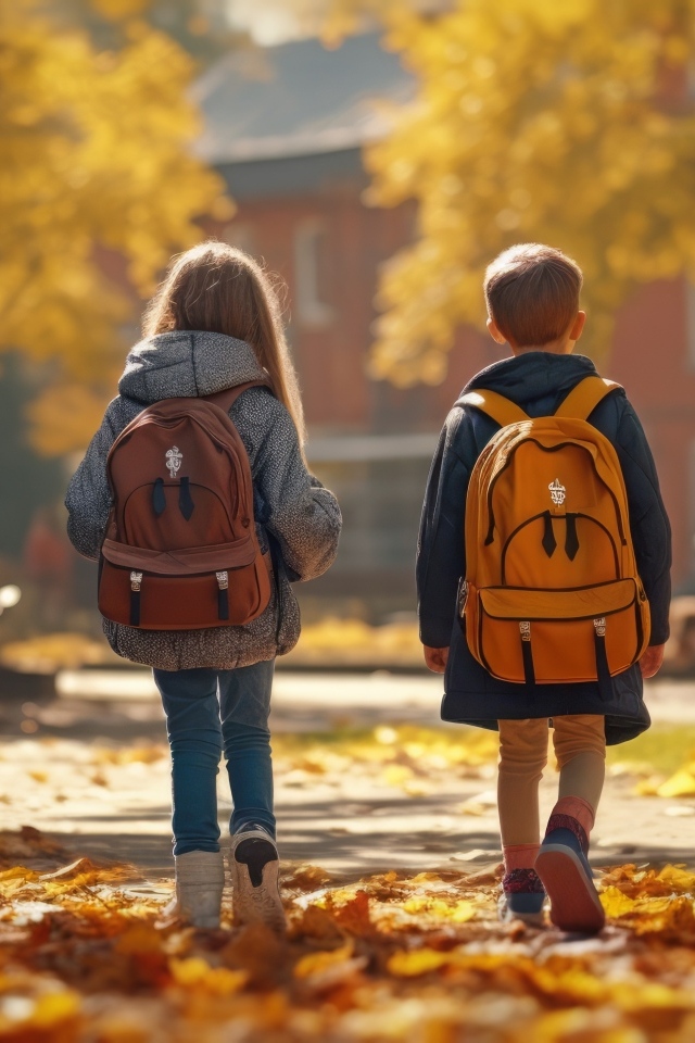 Двое детей школьников с рюкзаками на спине