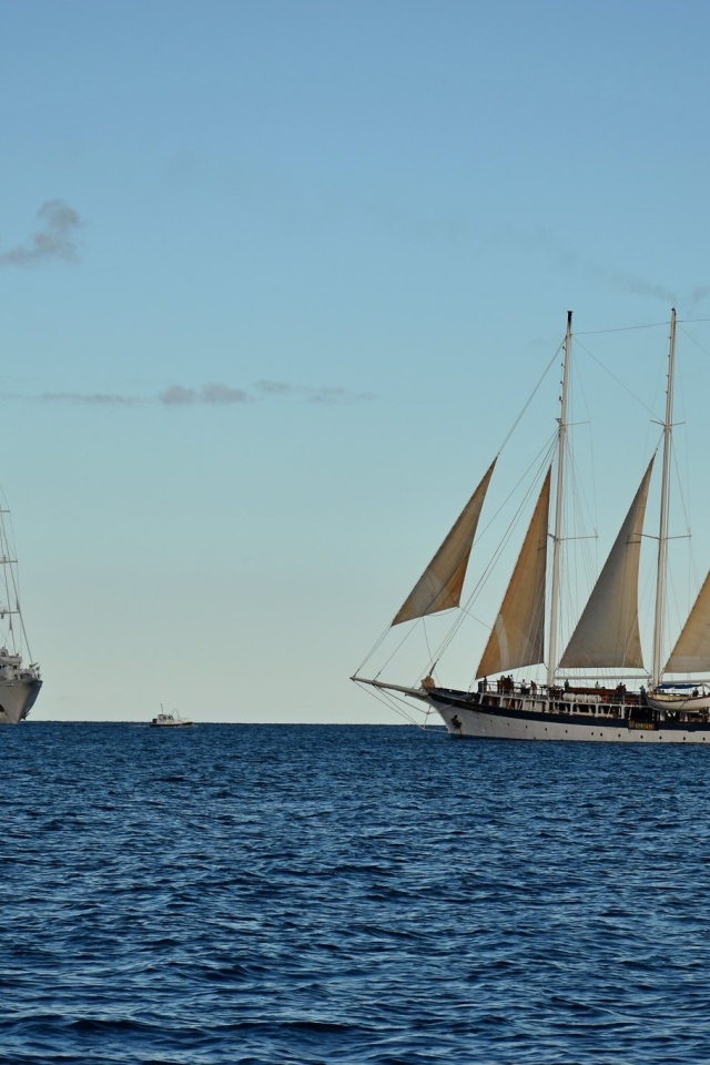 Парусная яхта и корабль в открытом море