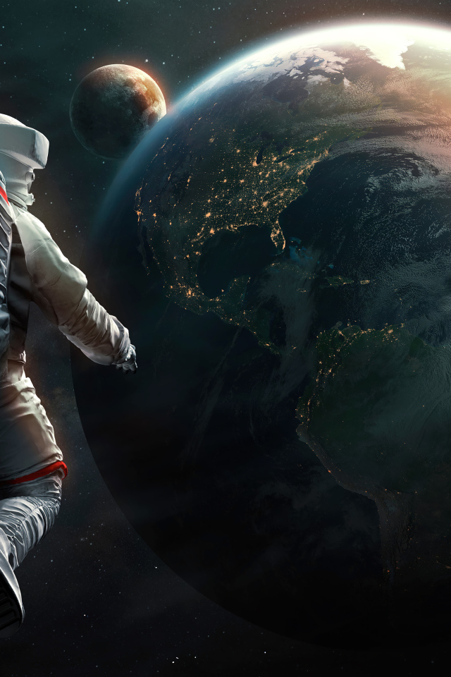 Астронавт смотрит на планету Земля из космоса