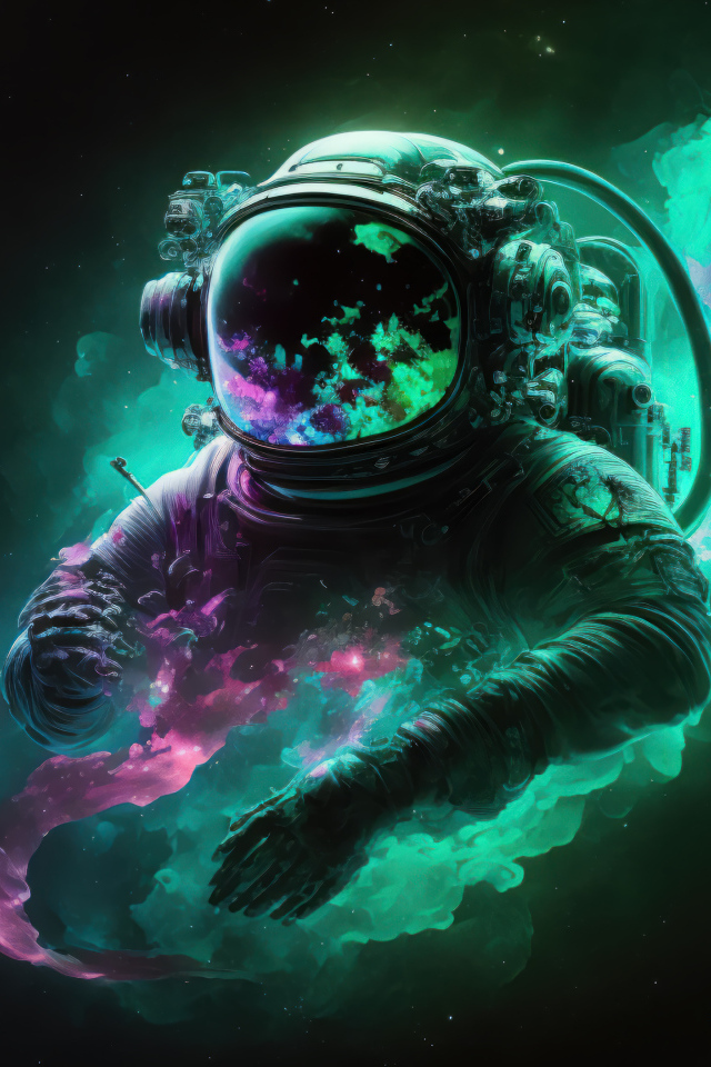 Астронавт в космосе в зеленом дыме