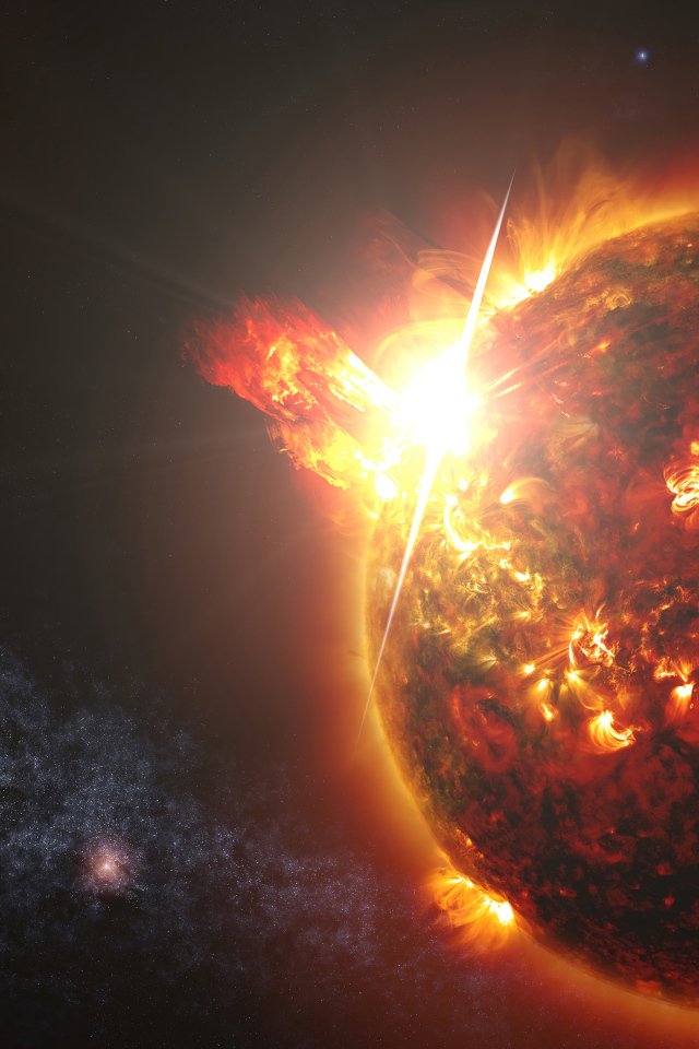 Вспышки на яркой огненной планете в космосе