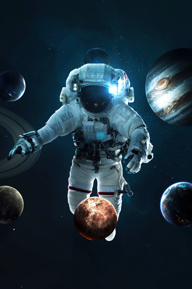 Планеты кружатся вокруг астронавта в космосе
