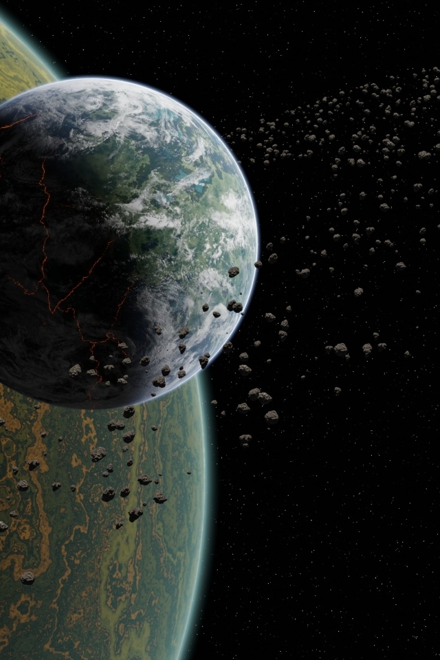 Две планеты солнечной системы с астероидами в космосе