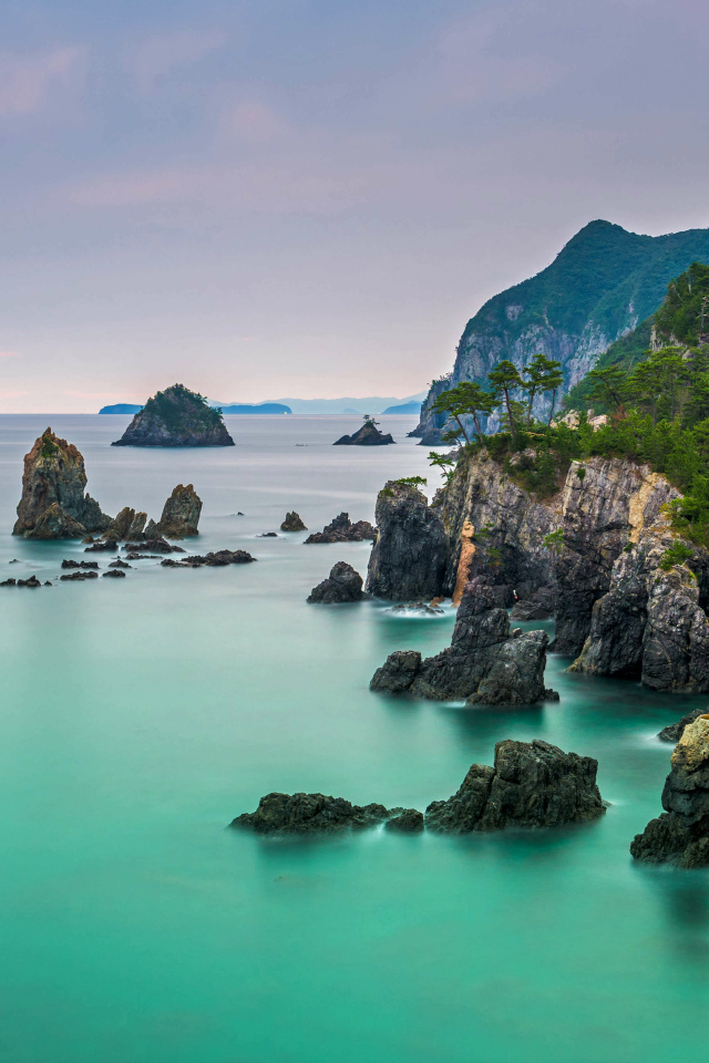 Покрытые зеленью утесы у моря, Исландия