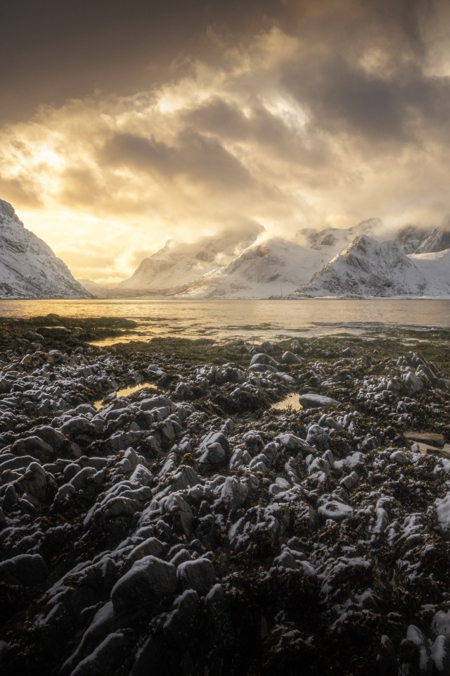 Заледеневший берег залива в горах, Лофотенские острова Норвегия