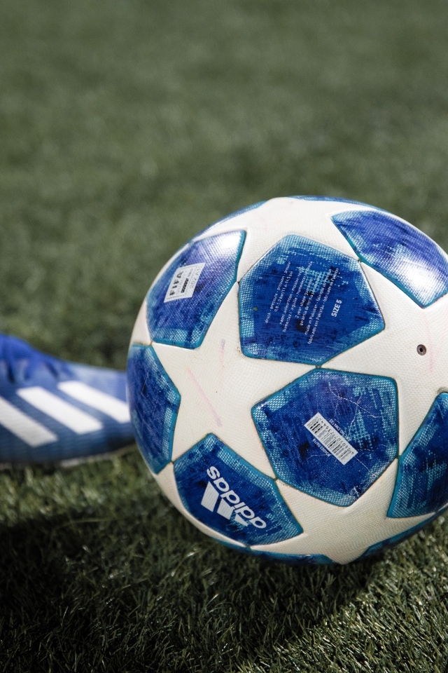 Синий футбольный мяч на зеленой траве поля