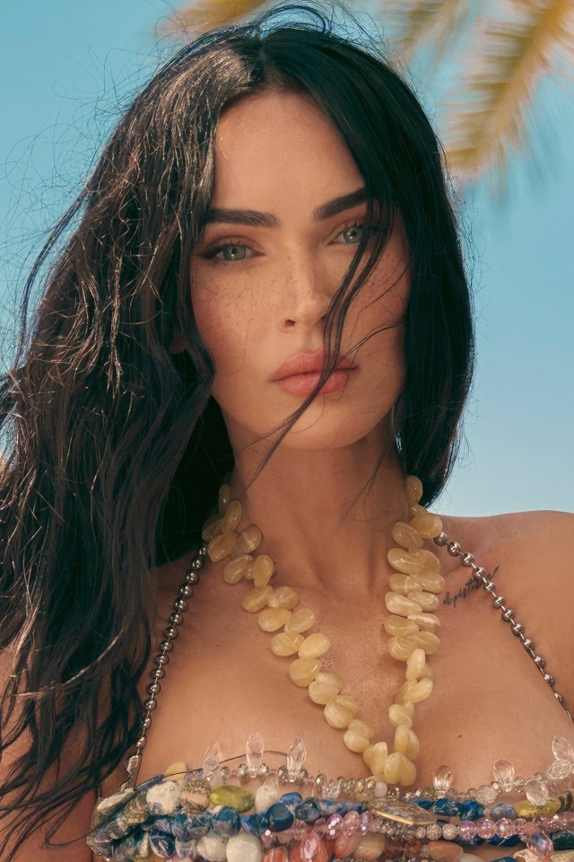 Длинноволосая брюнетка Меган Фокс на пляже