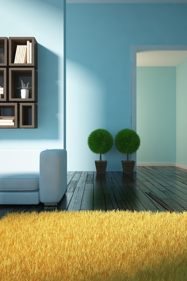 Минималистический интерьер в комнате с голубыми стенами