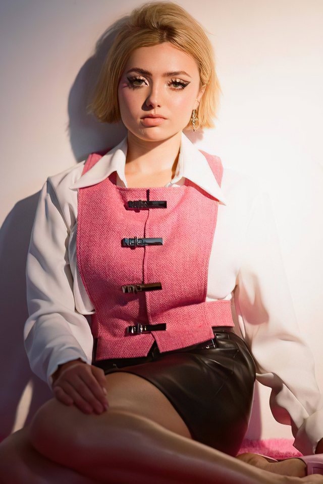 Молодая девушка Пейтон Рой Лист сидит у стены