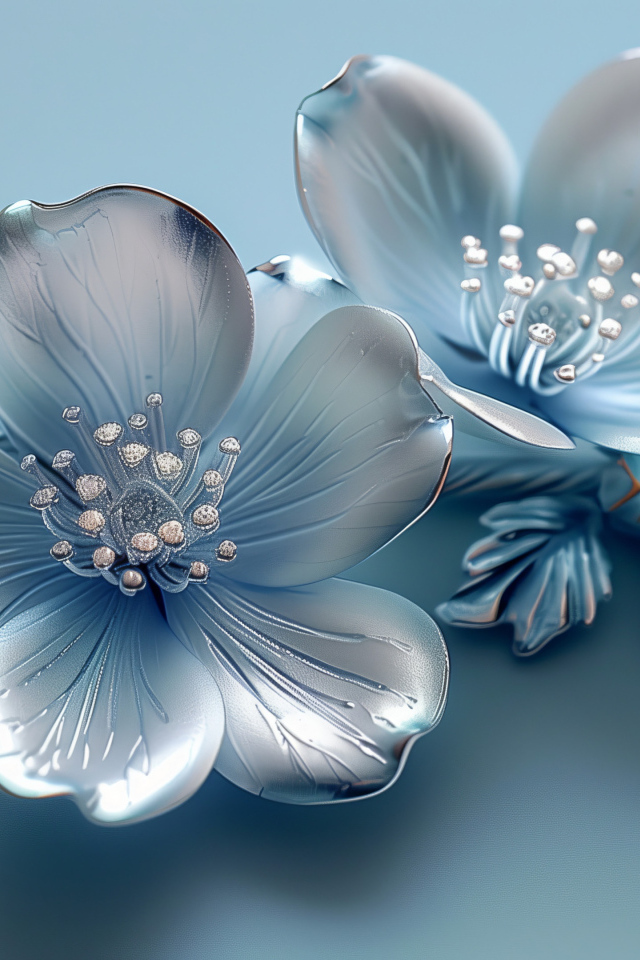 Красивые серебряные 3д цветы на голубом фоне