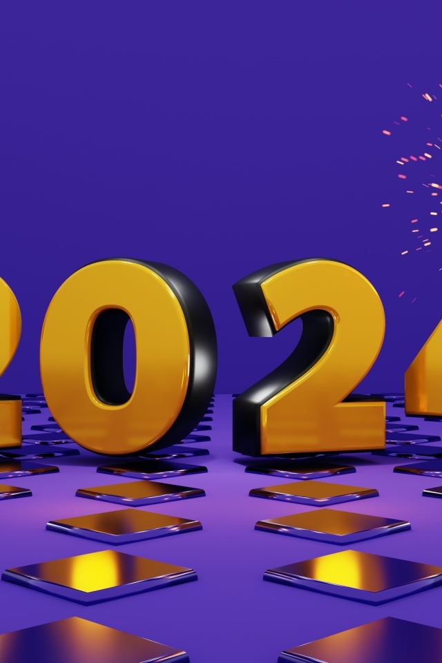 Яркие оранжевые цифры 2024 на фиолетовом фоне