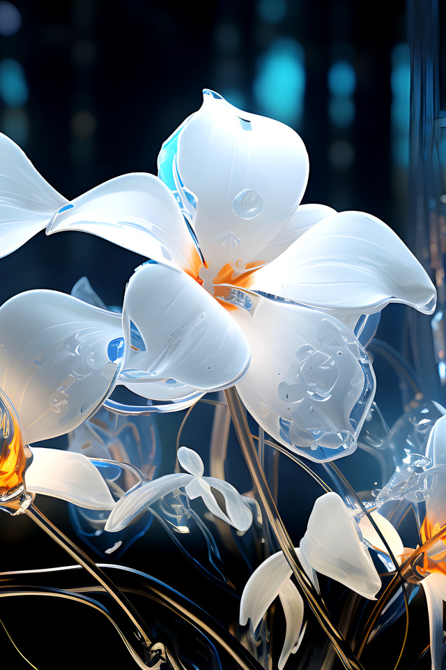 Стеклянные белые цветы на темном фоне