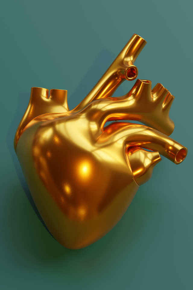 Золотое 3д сердце на зеленом фоне