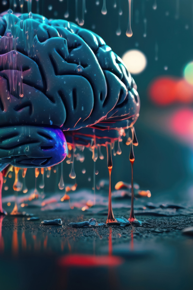 Разноцветный мозг под дождем на асфальте