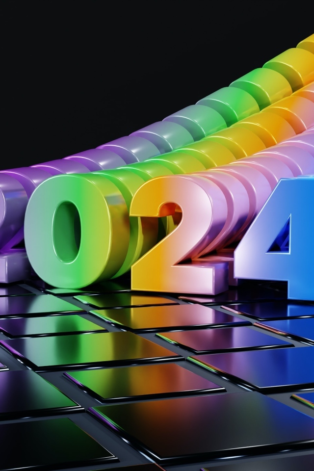 Разноцветные цифры 2024 на черном фоне с квадратами