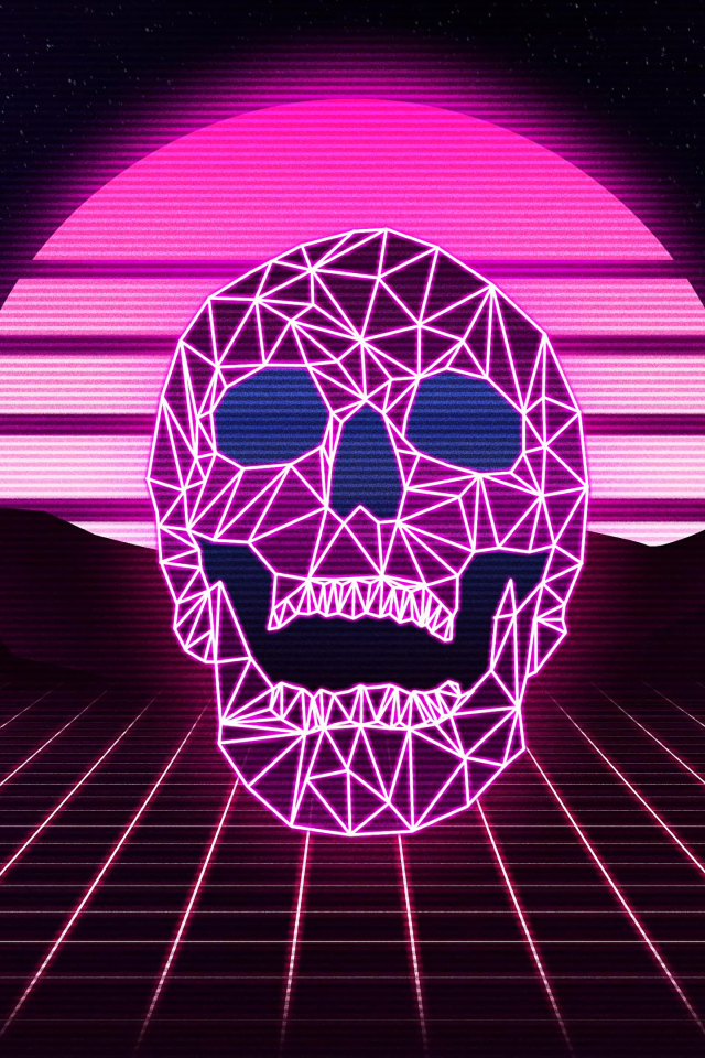 Розовый неоновый череп из линий на фоне сетки