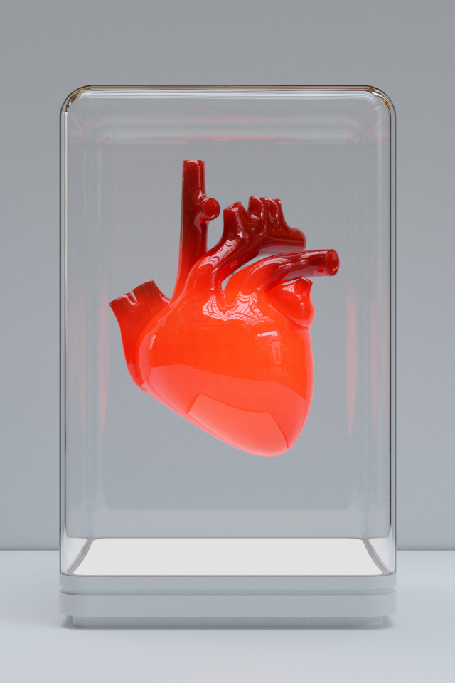 Красное 3д сердце в стеклянной колбе на сером фоне