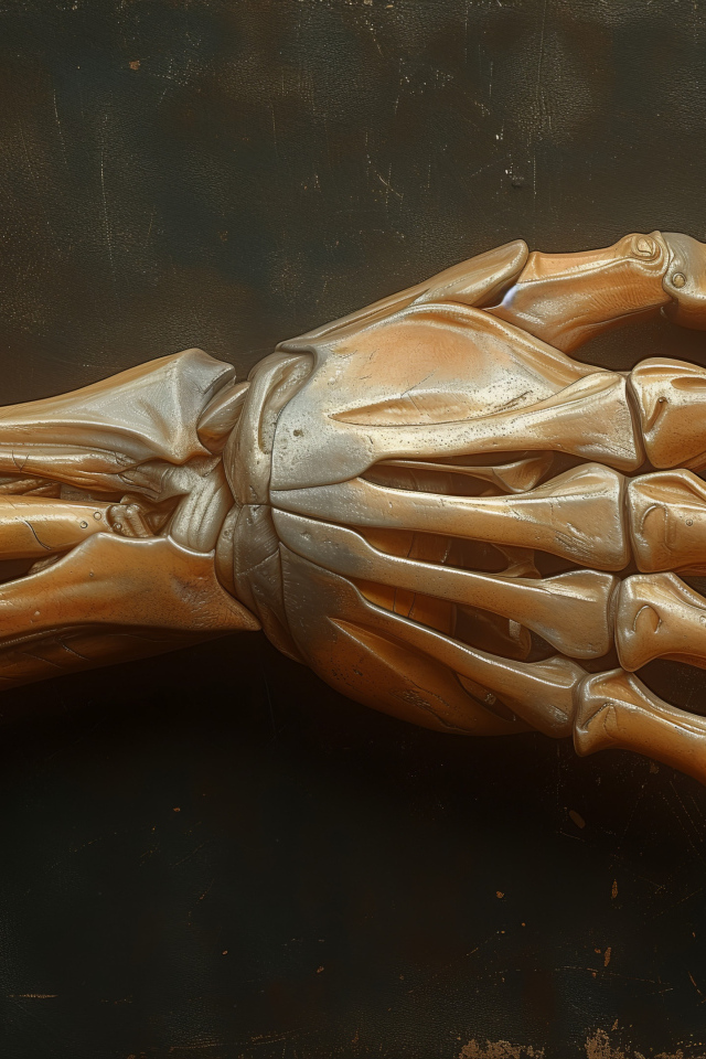 Рука скелета на серой поверхности 3д графика