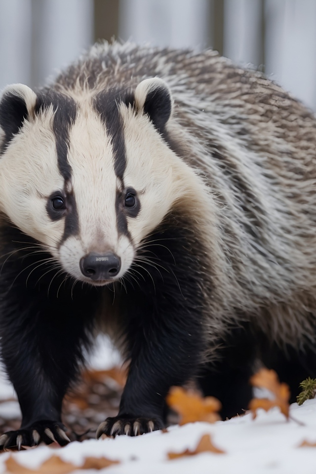 Большой барсук в заснеженном лесу
