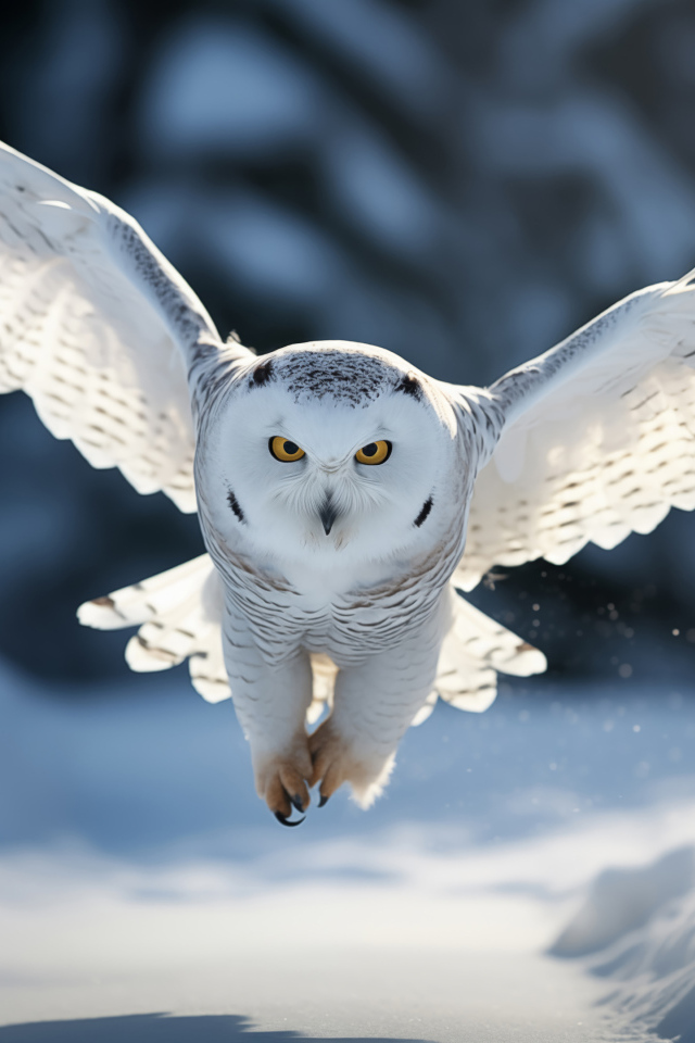 Большая белая сова летит над снегом
