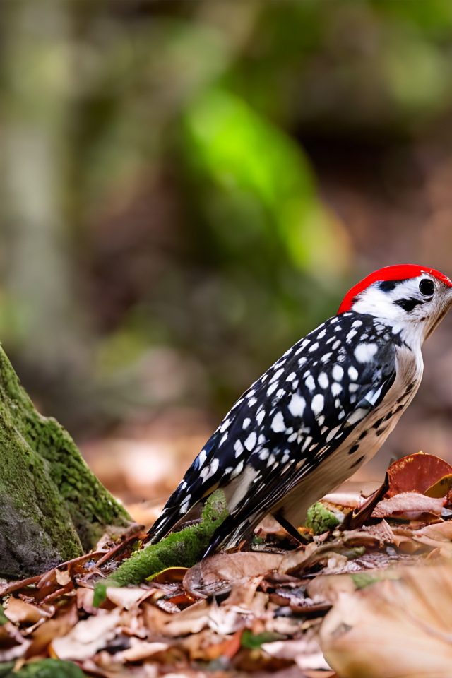 Пятнистый дятел сидит на опавшей листве