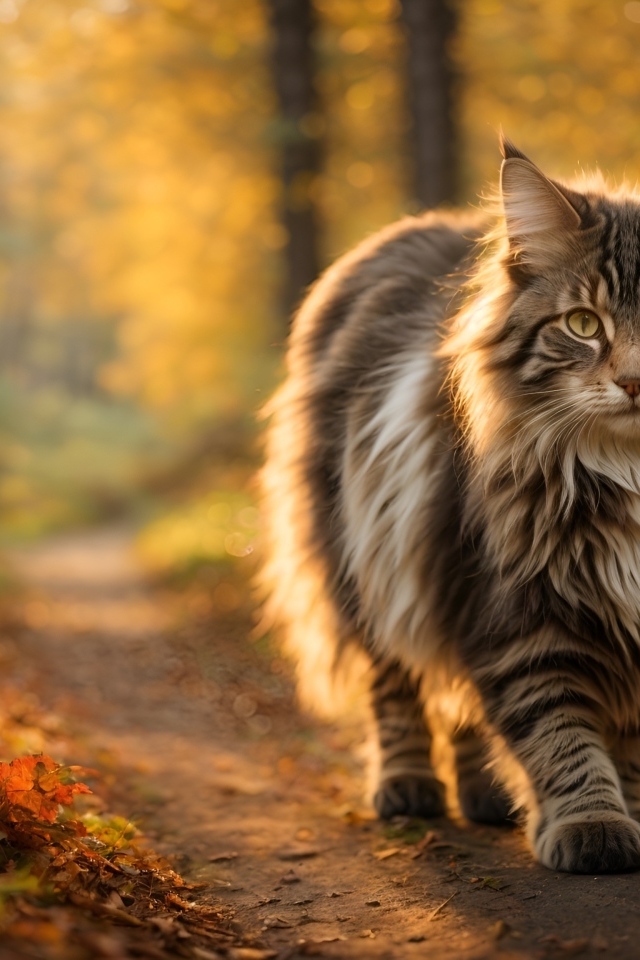 Большой пушистый кот идет по лесу