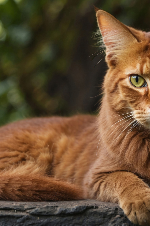 Большой рыжий кот лежит на камне