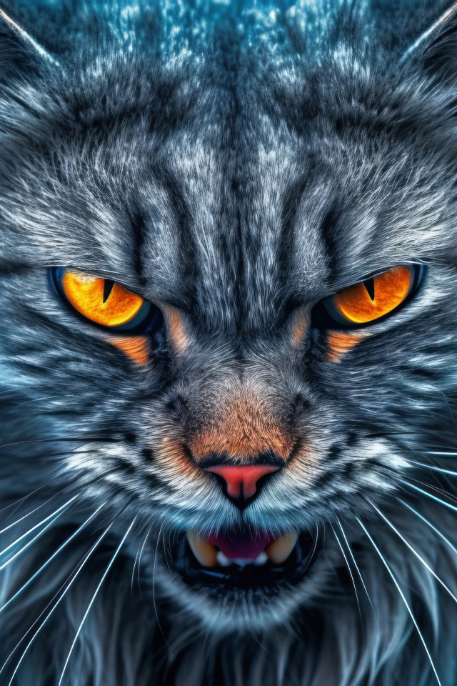 Злой серый пушистый кот с огненными глазами