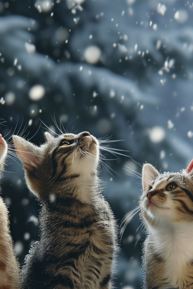 Рождественские коты смотрят вверх на снег