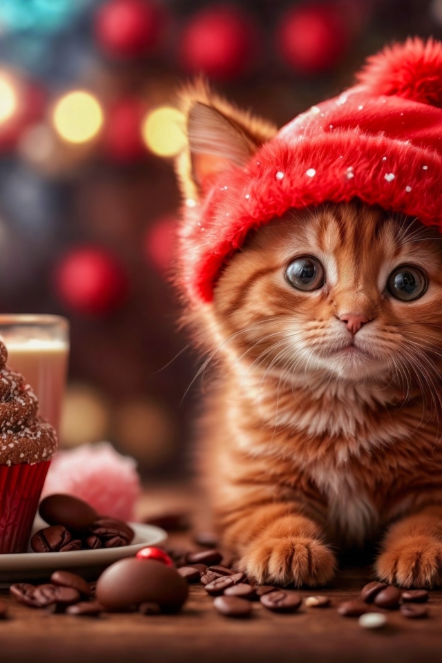 Милый маленький рыжий котенок с пирожным