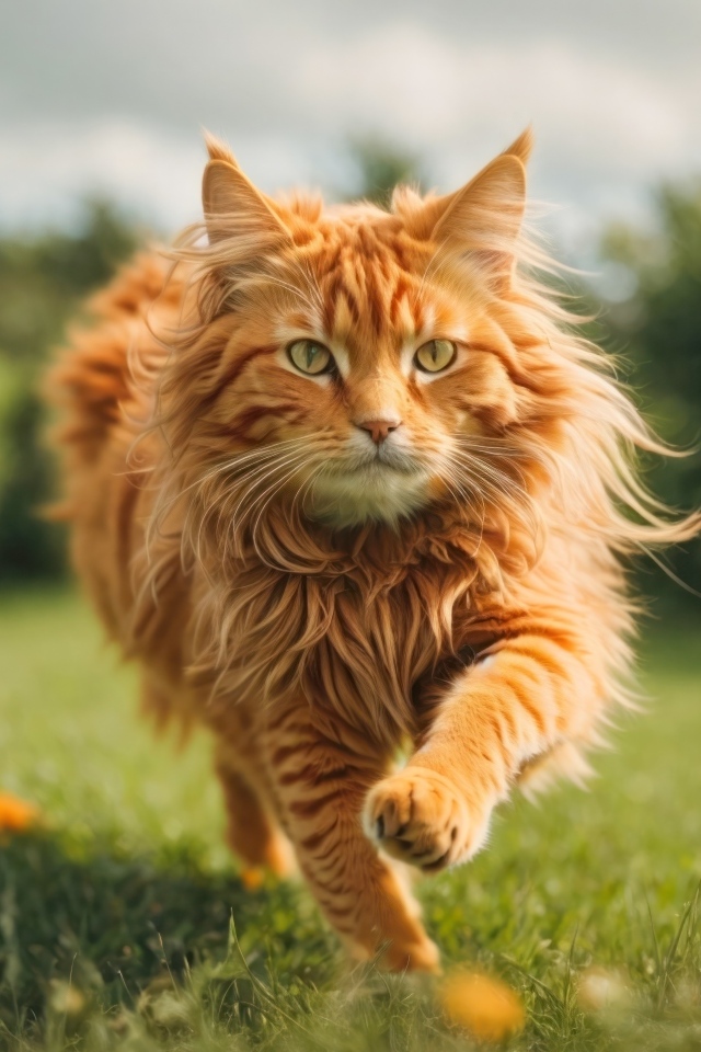 Пушистый рыжий кот бежит по зеленой траве