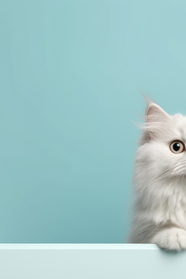 Пушистый белый породистый кот на голубом фоне