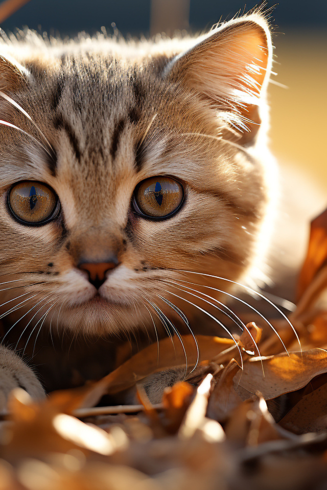Забавный серый котенок прячется в сухой траве