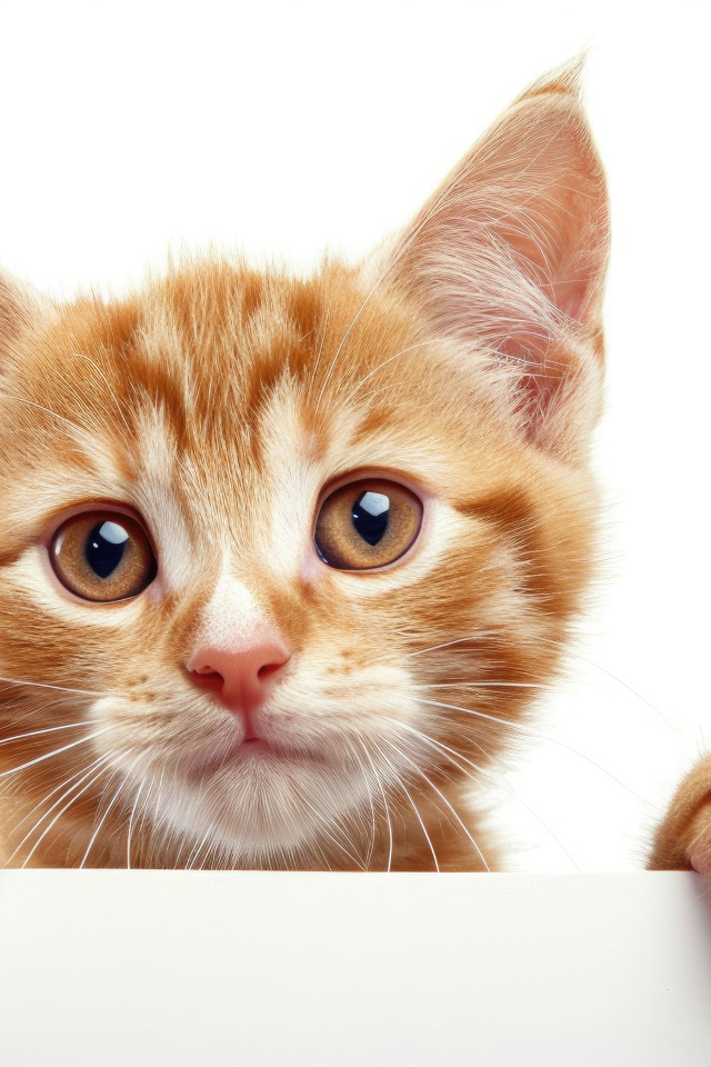 Смешной маленький рыжий котенок на белом фоне