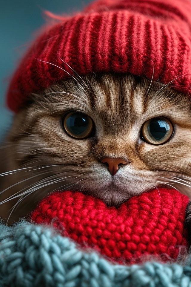 Рыжий кот в красной вязаной шапке с сердечком в лапах