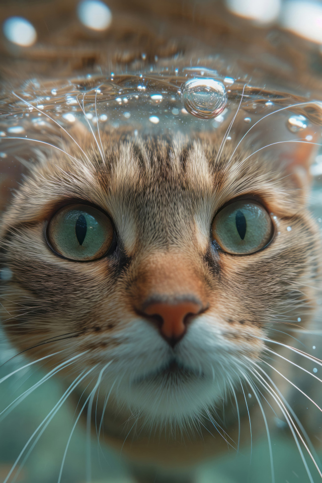 Зеленоглазый кот под водой