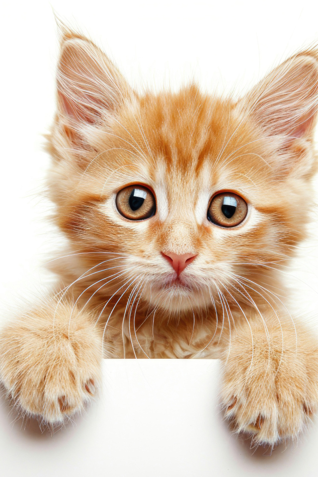 Маленький рыжий котенок на белом фоне