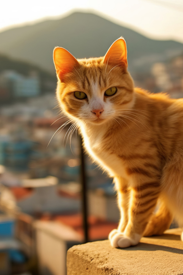 Рыжий кот в лучах солнца на балконе