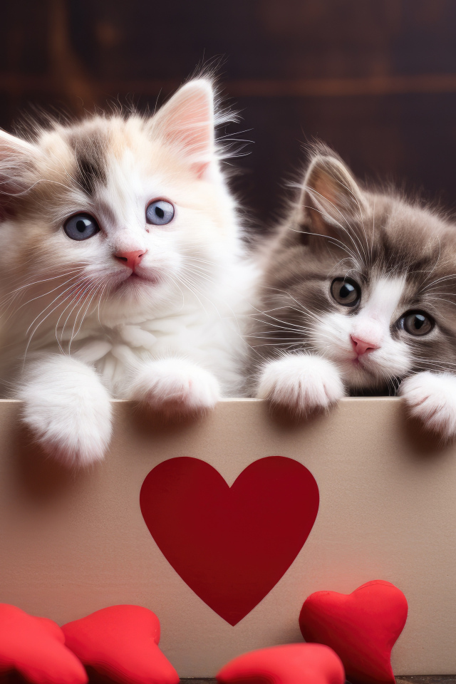 Два маленьких котенка в коробке с сердечками